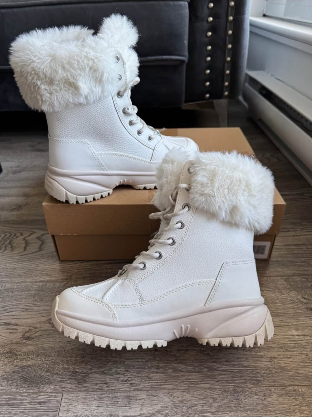 UGG White Faux Fur Lace-Up Winter Boots for Women